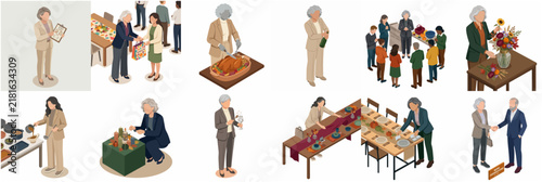 Isometric corporate Friendsgiving and Thanksgiving office event set with people celebrating, dining, and team building