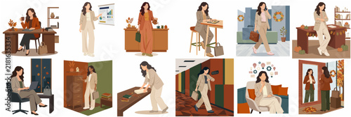 Collection of flat illustrations showing a professional businesswoman's daily routine in various office and work-life settings, minimalist design with warm autumn colors.