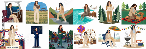 Flat vector illustrations set of a professional woman celebrating Labor Day through various activities including hiking, picnic, festival, and beach relaxation.