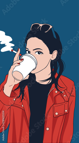Comic book art of a cool woman wearing a red jacket drinking coffee vector illustration.