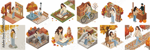 Isometric Illustration Collection of a Female Student Enjoying Autumn Activities on a University Campus