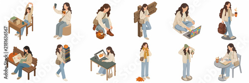 Set of Isometric Girl Characters Performing Various Autumn and Student Lifestyle Activities