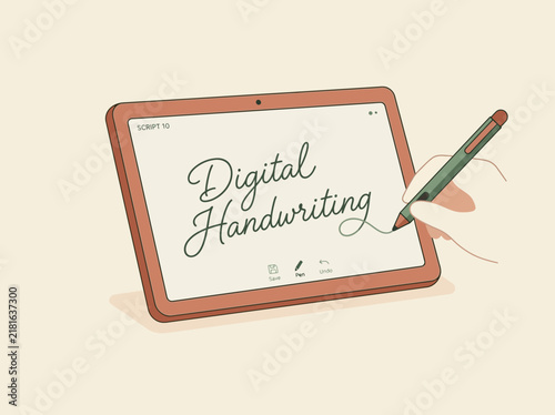 Illustration of a hand using a stylus to write Digital Handwriting on a tablet screen.
