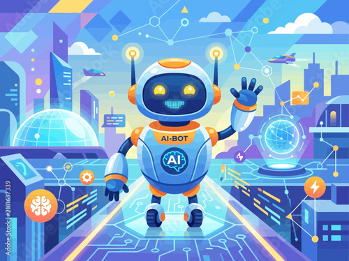 Friendly Artificial Intelligence Robot Waving Hello in Futuristic Design.