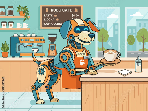 Futuristic Robotic Dog Barista Serving a Hot Cup of Coffee in a Modern Cafe Illustration.