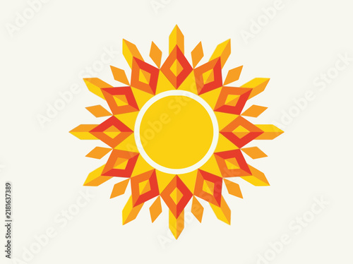 Geometric sun illustration with yellow orange and red diamond patterns.