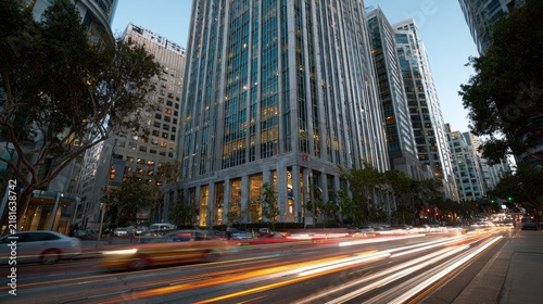 Modern city skyscrapers with blurred car trails at twilight