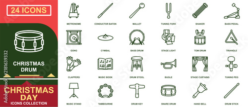 Twenty four christmas drum icons featuring musical instruments and stage performance equipment