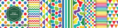 Vector collection of bright colorful seamless patterns. Modern geometric multicolor background templates set with creative abstract repeat textures and trendy vibrant lines for wrapping paper