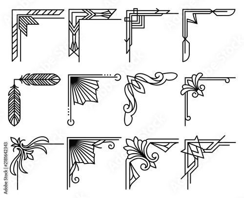 Set of art deco corner elements in black vector illustration for elegant frame ornaments.