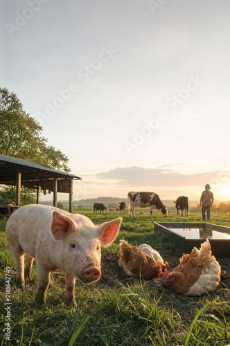 Domestic farm animals in green pasture at sunset, pink pig and brown chickens in foreground, cows grazing with farmer in background, rural agriculture concept