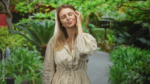 Cuadro en lienzo Young blonde woman holding temple with hand, wincing and eyes closed while standing on a leafy forest pathway lined with tropical plants; pain headache