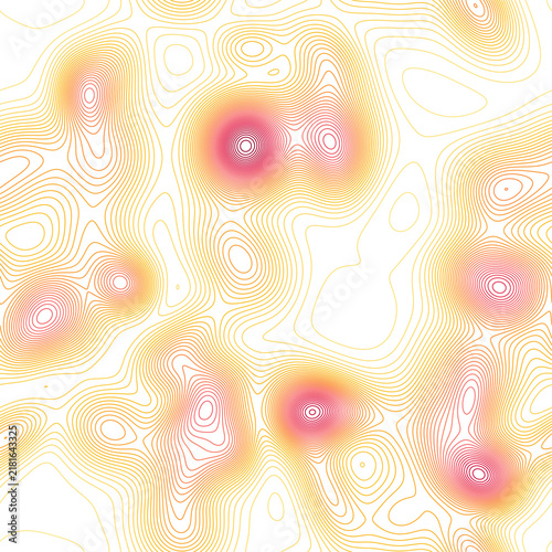 Seamless topographic contour lines pattern in warm sunset gradient of golden yellow, orange and crimson red, abstract tileable background for poster and packaging design, transparent background