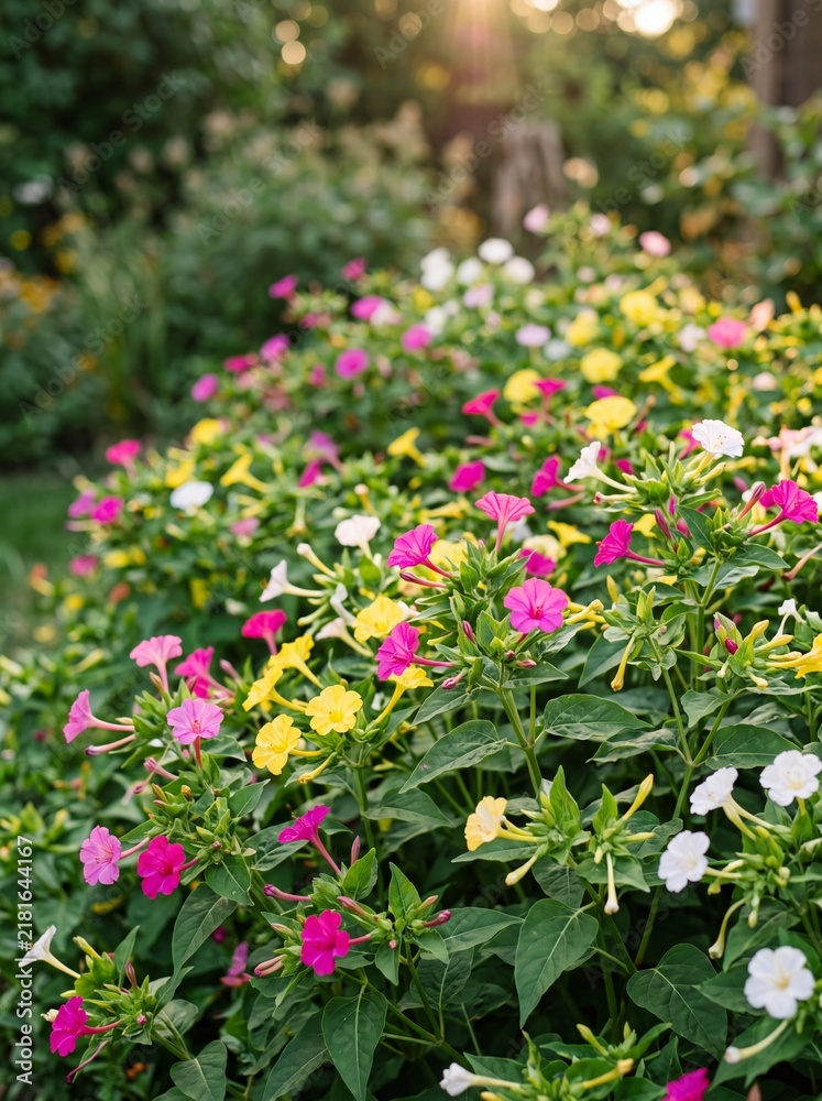 Obraz premium Colorful Four OClock Flowers Blooming in a Sunny Summer Garden