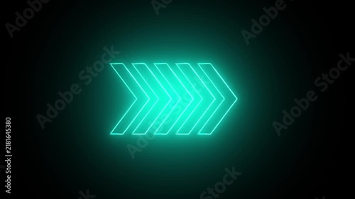 Glowing neon cyan arrow symbol pointing right against a dark black background for digital interface