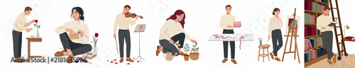 Set of minimalist flat illustrations showing diverse people enjoying various creative hobbies such as painting, gardening, music, and reading.