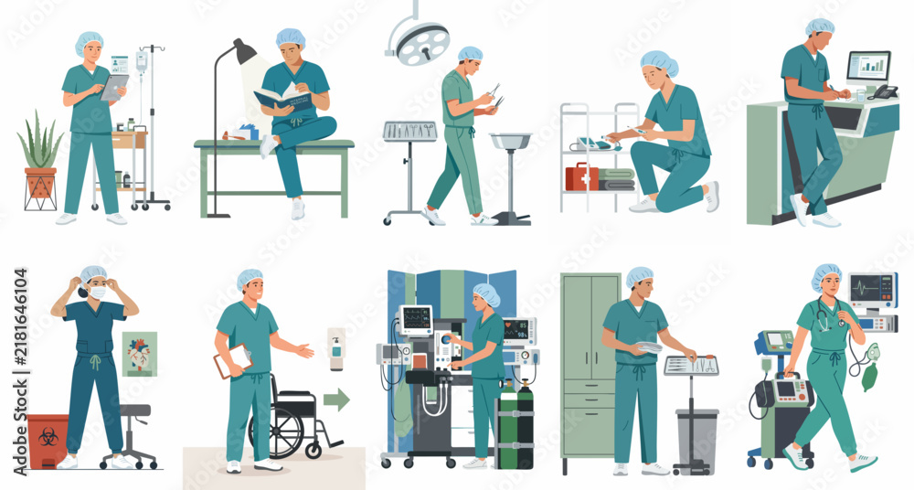 Fototapeta premium Collection of medical professionals in scrubs performing various healthcare duties, including operating equipment, studying, and patient care in a hospital setting.