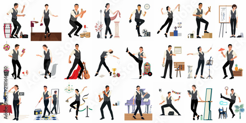 Set of illustrations featuring a versatile character in various dynamic poses, professional roles, and artistic performances, including dancing, serving, and music.