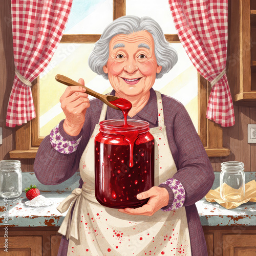 A smiling grandmother with a glass jar of homemade berry jam in a rustic kitchen. Cozy background with checkered curtains and empty jars.