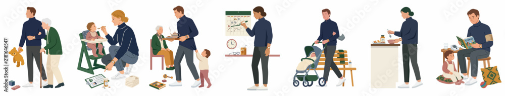 Fototapeta premium Diverse Vector Illustrations of People Engaged in Family Care, Parenting, and Daily Routines Across Different Generations and Life Stages.