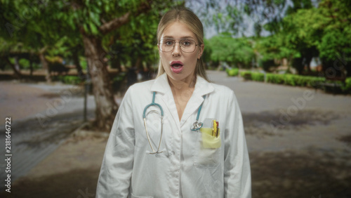 Foto Woman doctor in labcoat with stethoscope and hand on chest on street, wearing glasses and pens in pocket, appearing breathless and relieved; self care relief