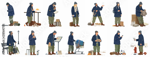 Foto Illustration set of a homeless man in various daily life situations, depicting poverty, urban survival, and street life on a white background