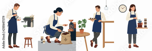 Flat vector illustration set of professional baristas performing various tasks in a modern coffee shop including brewing, grinding, and serving coffee.