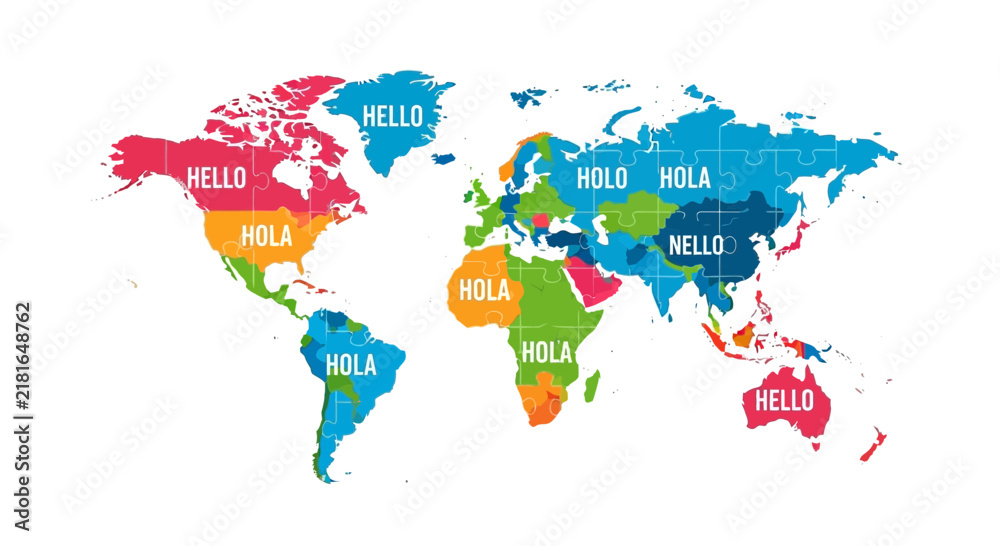 Naklejka premium Colorful Jigsaw Puzzle World Map with Multilingual Greetings Hello and Hola, Global Communication and Unity Concept Illustration