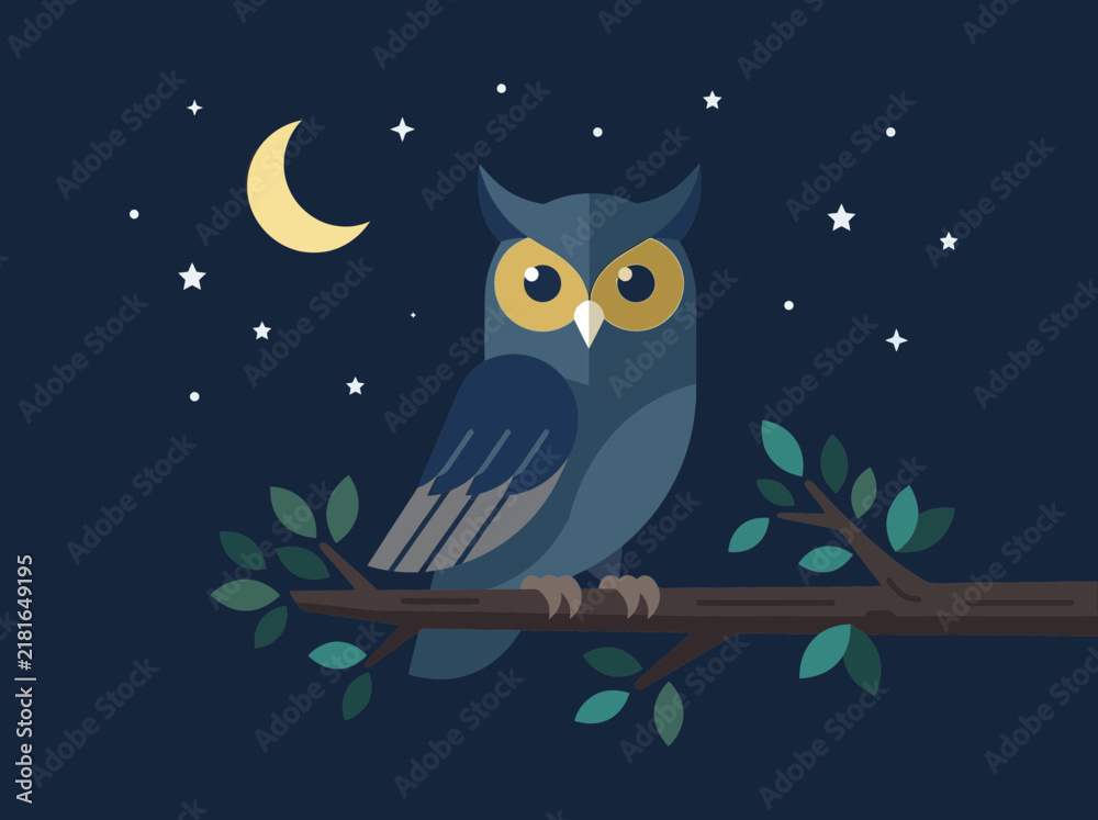 Obraz premium Cute Cartoon Owl Perched on a Tree Branch at Night.