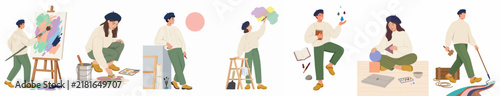 Foto A set of flat illustrations featuring various artists engaged in creative activities such as painting, sculpting, and digital design on a white background