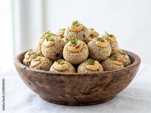 Delicious sesame seed balls garnished with cashews arranged in a wooden bowl