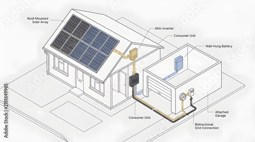 Solar energy home system isometric schematic with panels battery storage and grid connection unit.