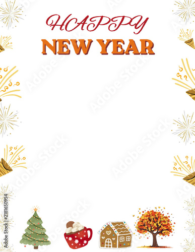 Happy New Year Celebration Border with Festive Fireworks, Party Poppers and Holiday Decorations,Festive Holiday Border
