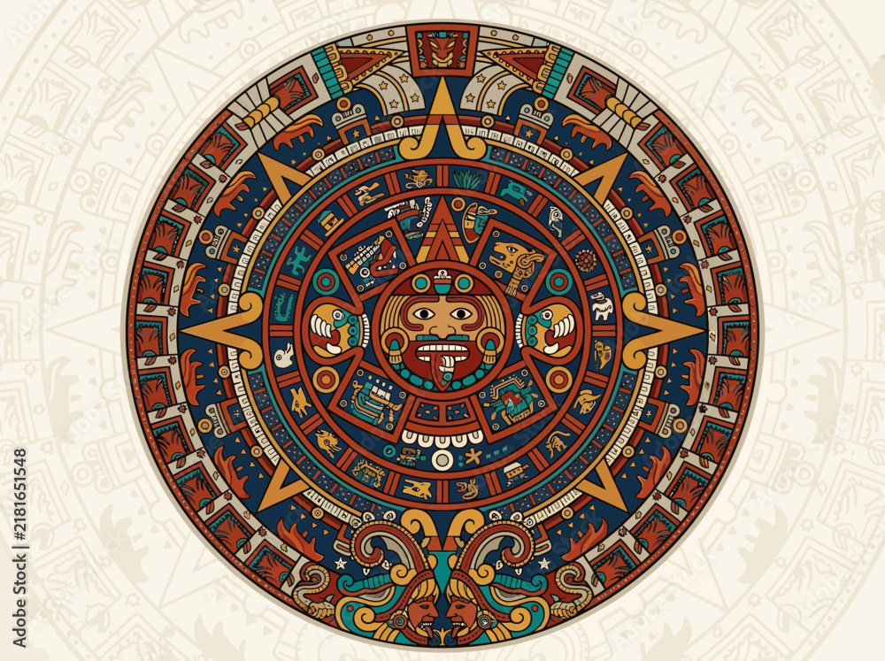 Obraz premium Intricate Aztec Sun Stone Calendar with Colorful Mosaic Pattern and Ancient Symbols.