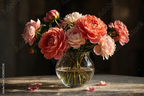 Luxurious Bouquet of Fresh Pink and White Peony Flowers in a Clear Glass Vase on a Rustic Wooden Table