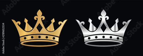 Gold and silver royal crowns vector icon set