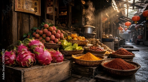 Empty Asian Traditional Market Stall with Spices and Fruits in Golden Morning Light