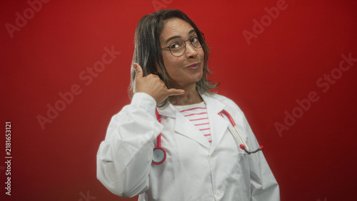 Cuadro en lienzo Middle age hispanic woman doctor wearing white coat and stethoscope makes phone hand gesture in studio; friendly telehealth reassurance