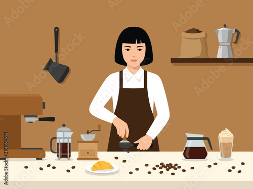 Принти на полотні Minimal flat vector illustration of a female barista tamping coffee surrounded by various brewing equipment and espresso tools