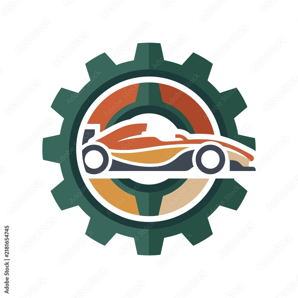 Fototapeta premium Formula 1 Racing Car Silhouette Inside a Green Gear Cogwheel Logo, Motor Sports Engineering Concept