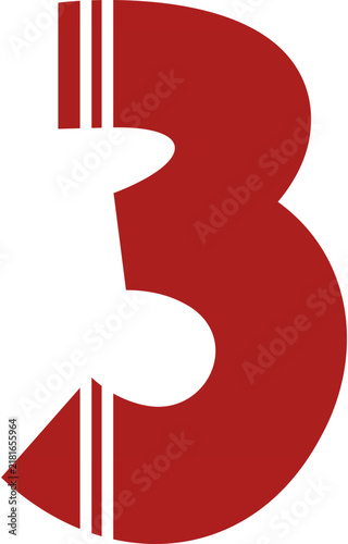 Red stylized number three with vertical lines design