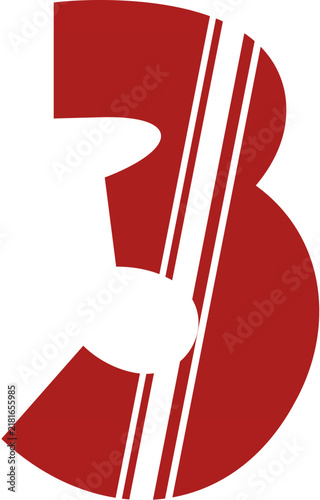 Bold red abstract number three with vertical stripes design