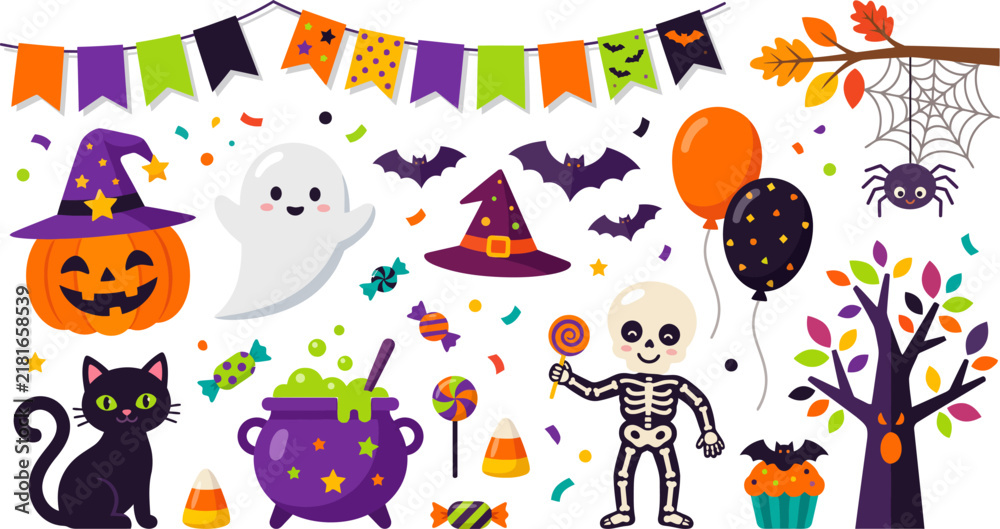 Naklejka premium Halloween Clipart Set with Skeleton Pumpkin Ghost Black Cat Cauldron and Party Decorations Vector