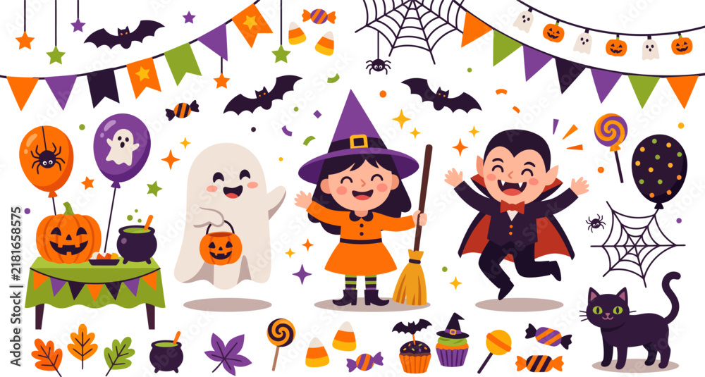 Fototapeta premium Kids Halloween Costume Party Illustration with Ghost Witch Vampire Pumpkin and Black Cat Vector