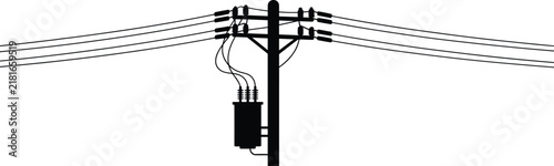 Black silhouette of a utility pole with a transformer and multiple power lines against a plain white background