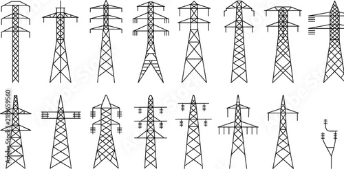 Large collection of black and white line showing various types of electrical transmission towers and poles