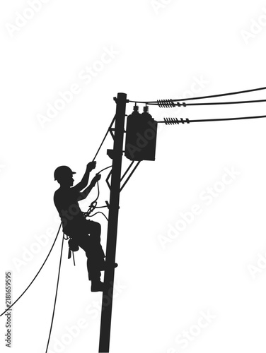 Silhouette of an electrical worker climbing a wooden utility pole to perform maintenance on a transformer and power lines, white background