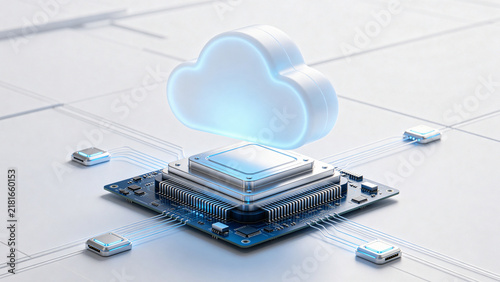 Plakat Cloud Computing Icon Floating Above Microchip Platform for Business Presentation