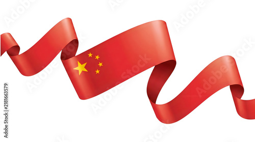 China flag waving ribbon illustration, red Chinese national banner with gold stars, flowing silk fabric on white background