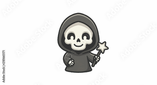 Clean of a Smiling Skull Character Wearing a Hood and Holding a Magic Wand and a Small Bone with high quality professional line art symbols for modern creative design and digital branding projects
